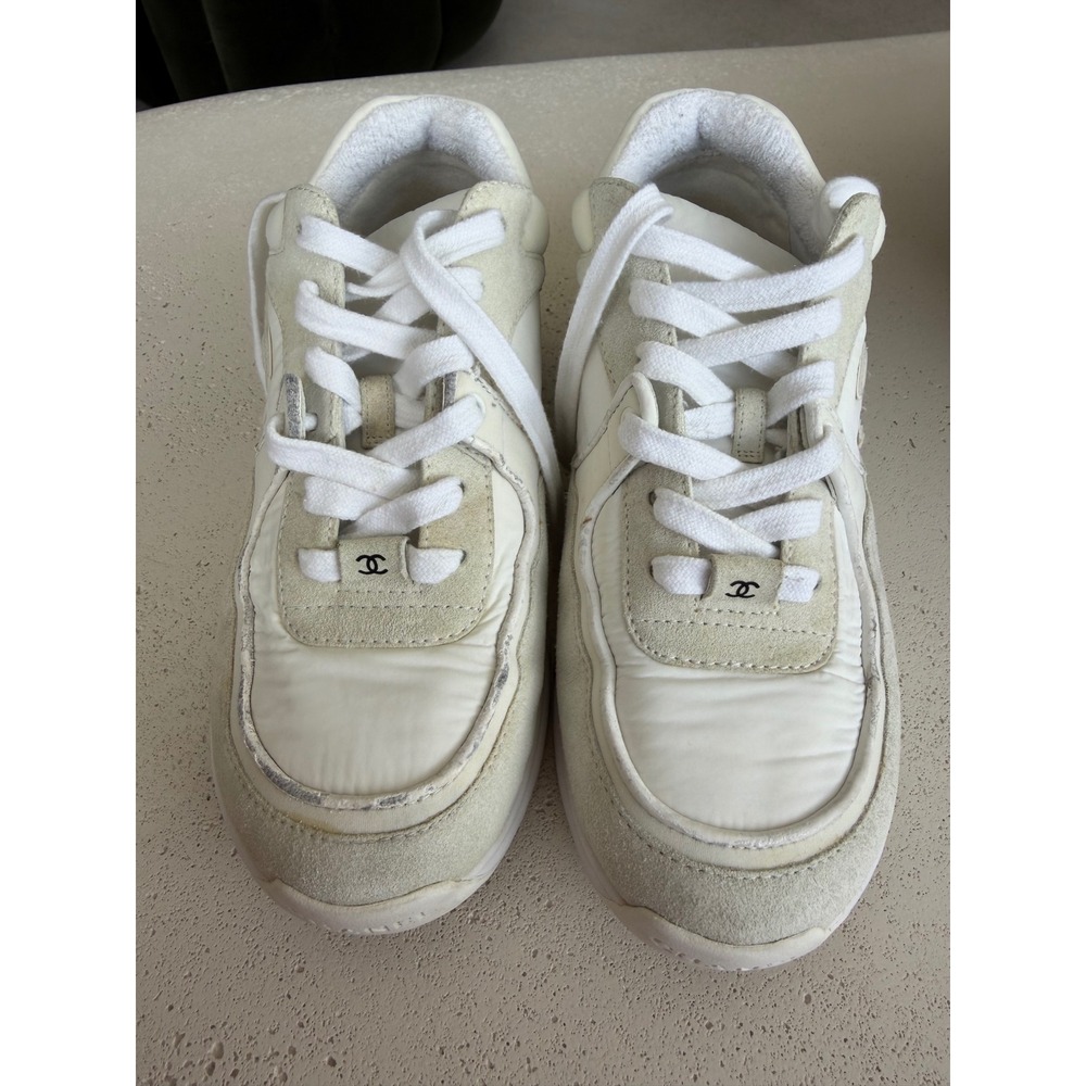 CHANEL G34360 CC Logo Suede Nylon Chunky Sneakers White Ivory EU 37 US 6.5